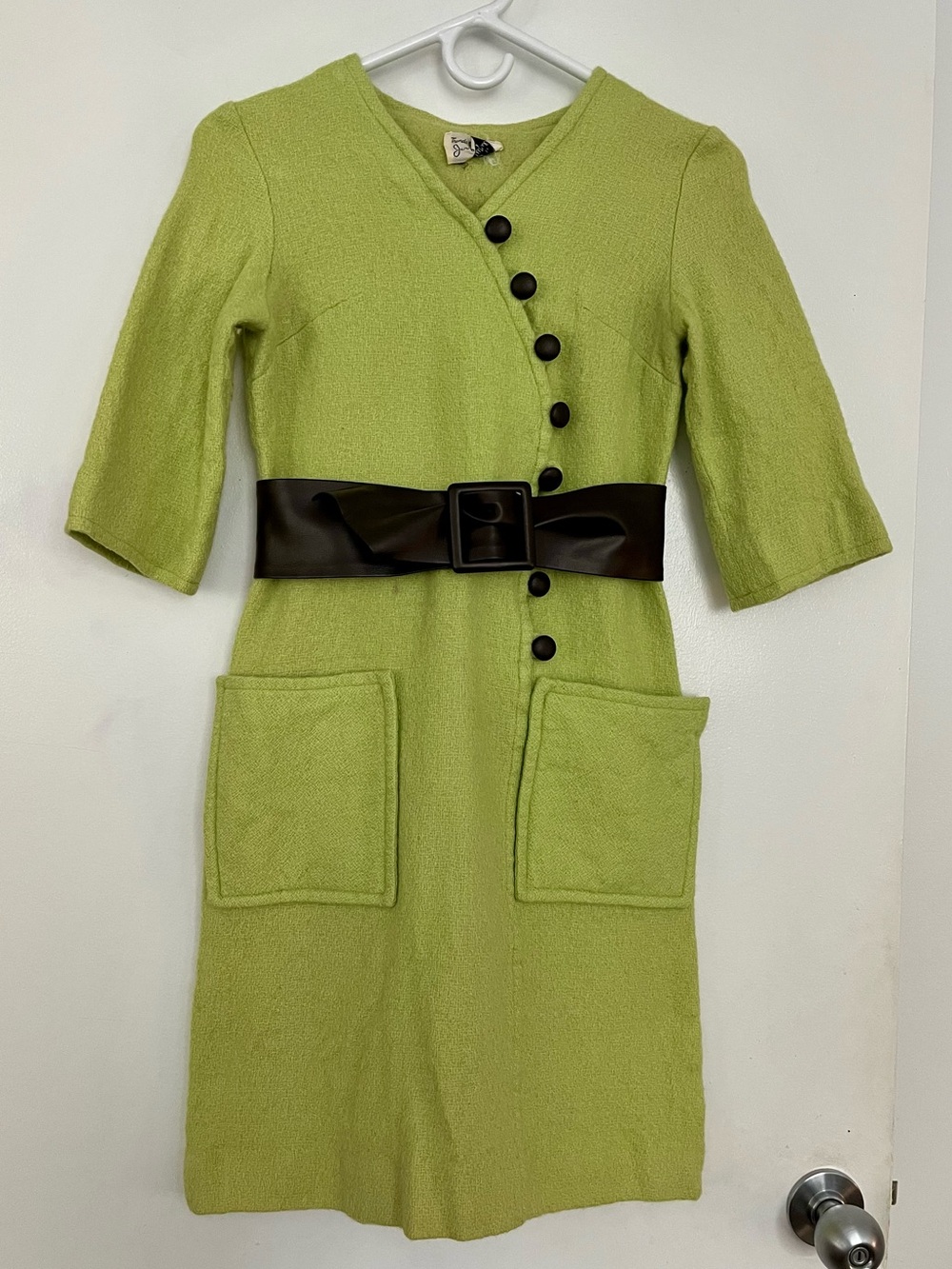Vintage 1960’s chartreuse green wiggle dress with brown faux leather belt by Jer